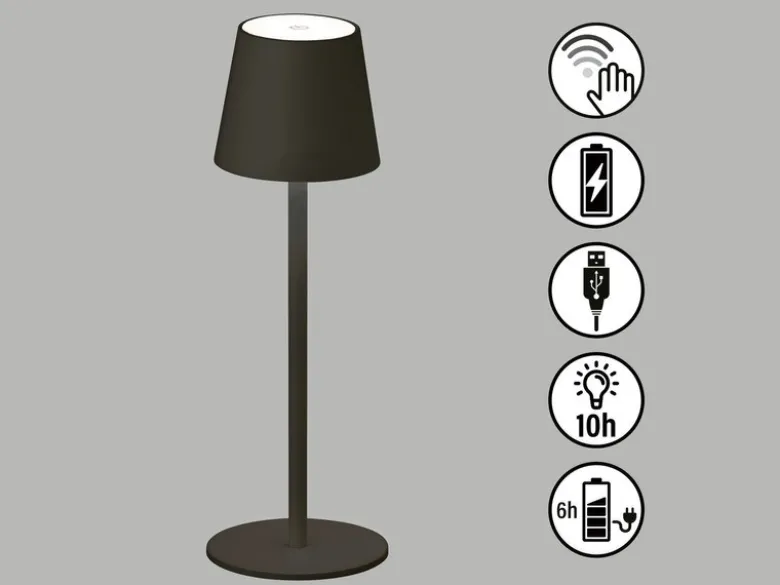 Akku Tischlampe TROPEA Schwarz mit USB Kabel & Sensor Dimmer, Höhe 38cm