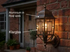 Antike Außenwandleuchte, Laterne stehend Rostoptik mit E27 LED, Höhe 41cm