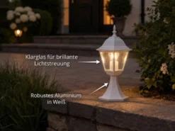 Außen Sockelleuchte Aluminium Weiß, Gartenlaterne mit E27 LED, Höhe 39cm