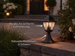 Außen Sockelleuchte Aluminium Schwarz, Gartenlaterne mit E27 LED, Höhe 39cm