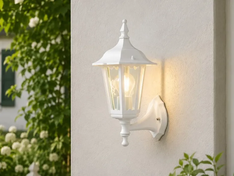 Außenwandleuchte antike Laterne stehend aus Aluminium Weiß, E27, Höhe 36cm
