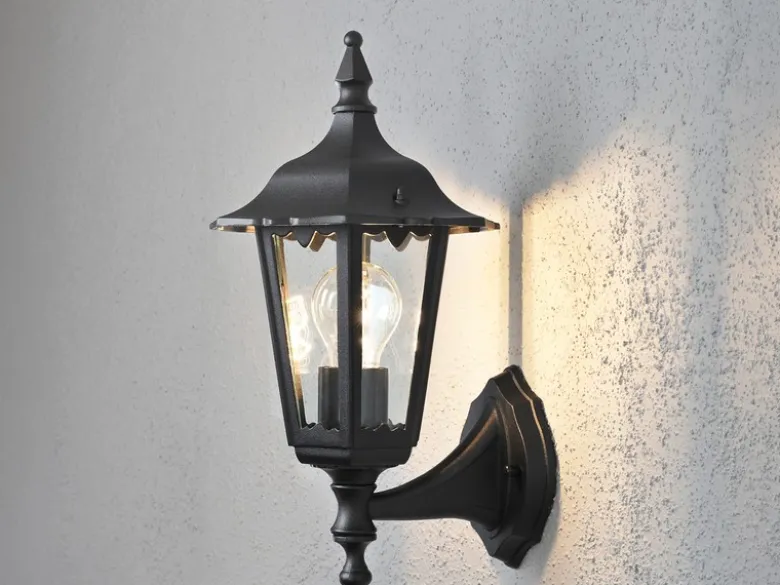 Außenwandleuchte antike Laterne stehend aus Aluminium Schwarz, E27, Höhe 36cm
