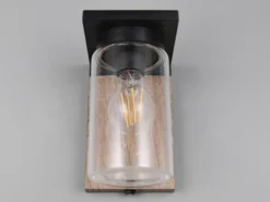 Außenwandleuchte Holzoptik mit E27 LED & Glas Lampenschirm, Höhe 19cm