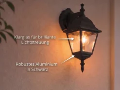 Außenwandleuchte Laterne hängend, Aluminium Schwarz mit E27 LED, Höhe 34cm