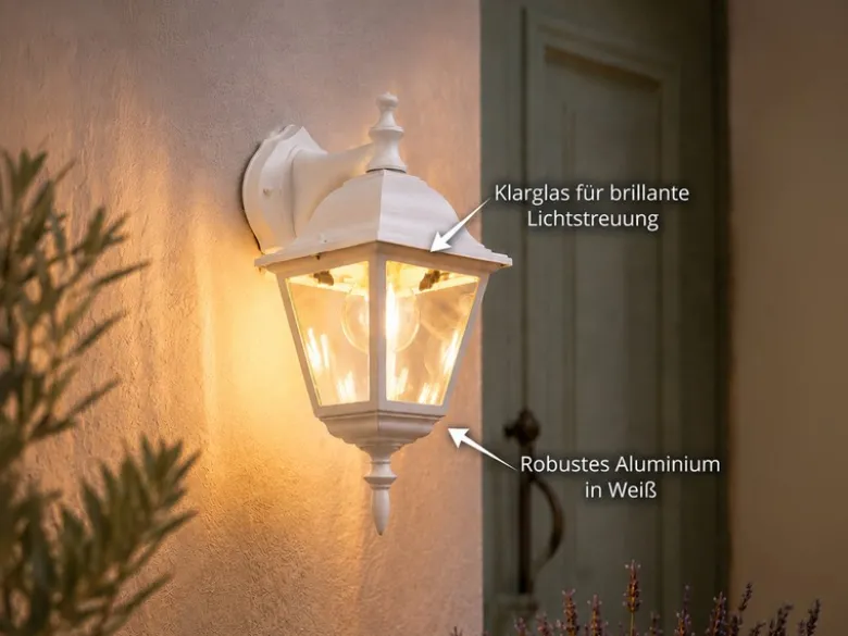 Außenwandleuchte Laterne hängend, Aluminium Weiß mit E27 LED, Höhe 34cm