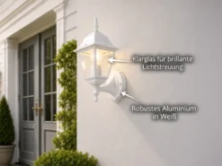Außenwandleuchte Laterne stehend, Aluminium Weiß mit E27 LED, Höhe 34cm
