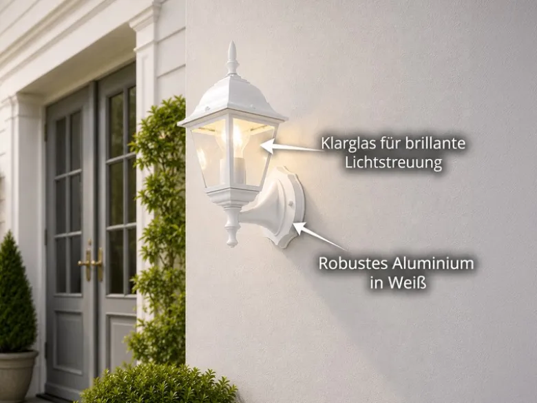 Außenwandleuchte Laterne stehend, Aluminium Weiß mit E27 LED, Höhe 34cm