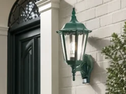 Außenwandleuchte mit Bewegungsmelder, antike E27 LED Wandlaterne, Grün Höhe 48cm
