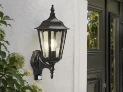 Außenwandleuchte mit Bewegungsmelder, E27 LED Wandlaterne, Schwarz, Höhe 48cm