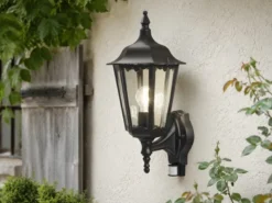 Außenwandleuchte mit Bewegungsmelder, E27 LED Wandlaterne, Schwarz, Höhe 48cm