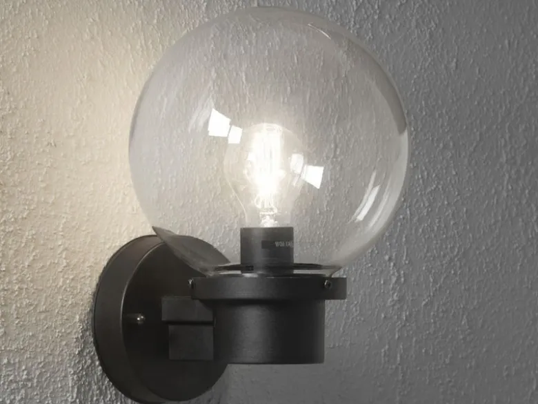 Außenwandleuchte NEMI, Schwarz, Höhe 29cm mit Glas Kugel Ø 20cm