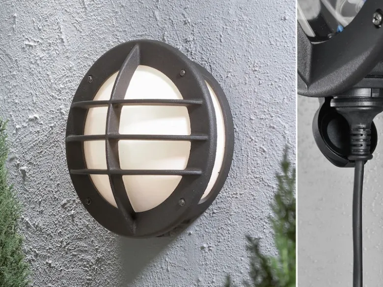 Außenwandleuchte ODEN mit Steckdose, Alu schwarz & Acrylglas Weiß Ø 31cm