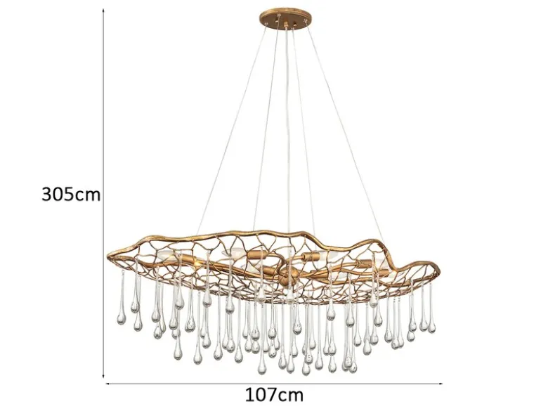 Ausgefallene große LED Pendelleuchte Gold matt mit Glas Behang, Breite 107cm