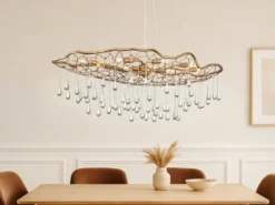 Ausgefallene große LED Pendelleuchte Gold matt mit Glas Behang, Breite 107cm