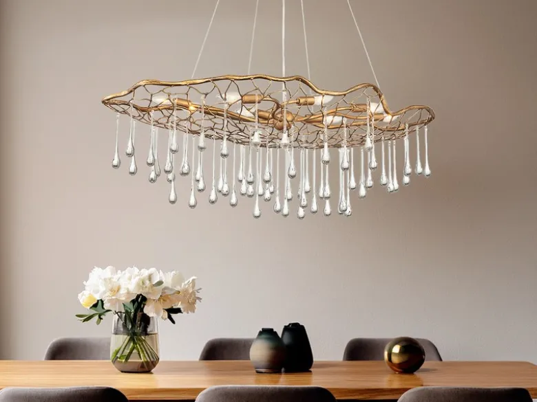 Ausgefallene große LED Pendelleuchte Gold matt mit Glas Behang, Breite 107cm