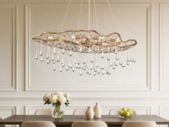 Ausgefallene große LED Pendelleuchte Gold matt mit Glas Behang, Breite 107cm
