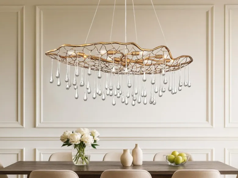 Ausgefallene große LED Pendelleuchte Gold matt mit Glas Behang, Breite 107cm