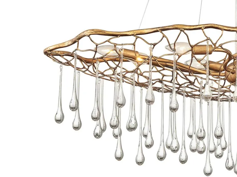 Ausgefallene große LED Pendelleuchte Gold matt mit Glas Behang, Breite 107cm