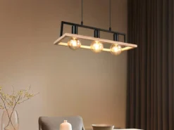 Ausgefallene LED Pendelleuchte mit Rahmen aus Naturholz, Breite 57,5cm