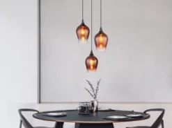 Ausgefallene LED Pendelleuchte mit drei Kupferfarbigen Glasschirmen, Ø 45cm