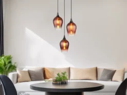 Ausgefallene LED Pendelleuchte mit drei Kupferfarbigen Glasschirmen, Ø 45cm