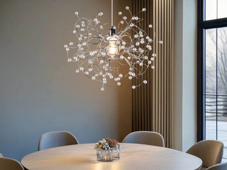 Ausgefallene LED Pendelleuchte Silber Chrom mit Acryl Kristall, Ø 52cm