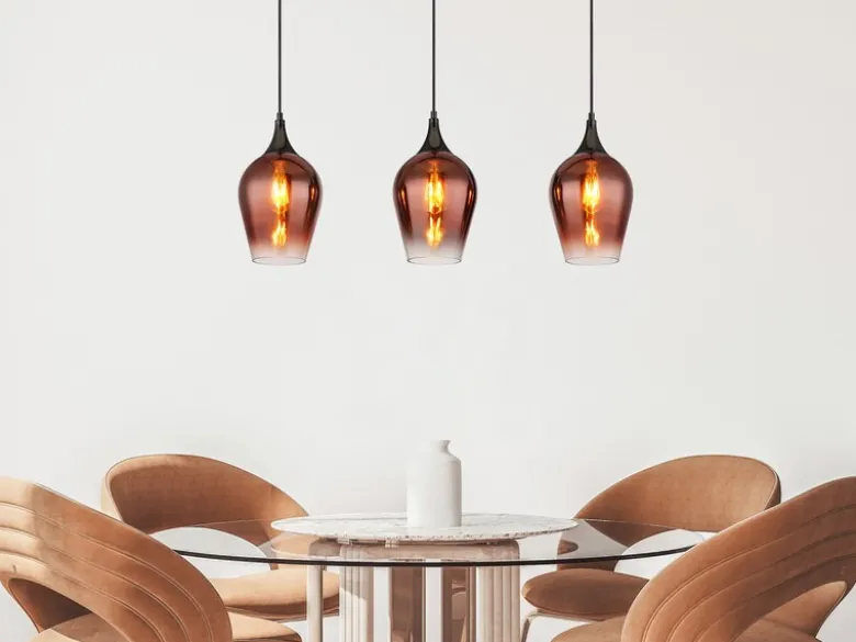 Ausgefallene LED Pendelleuchte mit drei Kupferfarbigen Schirmen, Breite 83cm