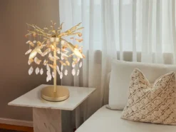 Ausgefallene LED Tischlampe Gold mit Glas Kristall 2-farbig, Höhe 50cm