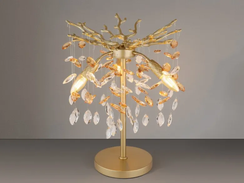 Ausgefallene LED Tischlampe Gold mit Glas Kristall 2-farbig, Höhe 50cm