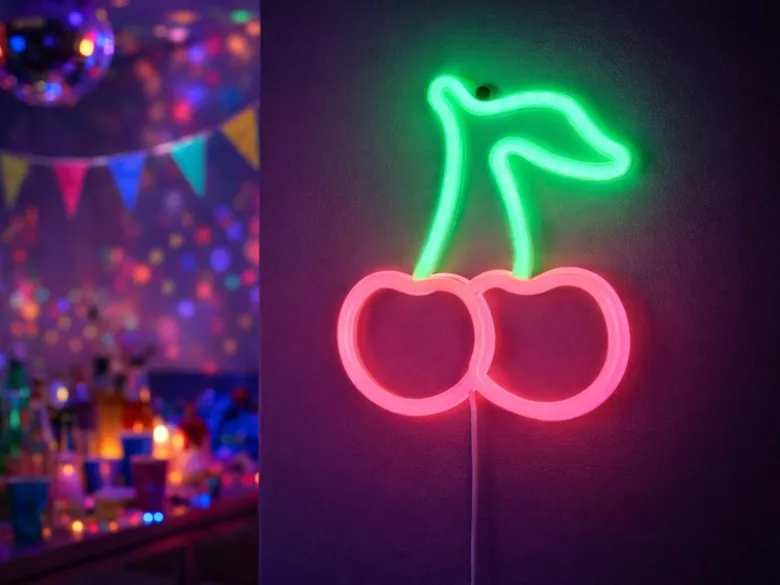 Ausgefallene Neon LED Wandlampe Kirschen mit USB Kabel & Netzteil, Höhe 22cm