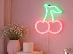 Ausgefallene Neon LED Wandlampe Kirschen mit USB Kabel & Netzteil, Höhe 22cm