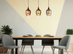 Ausgefallene Pendelleuchte LAVUS mit drei bunten Glasschirmen, Breite 83cm