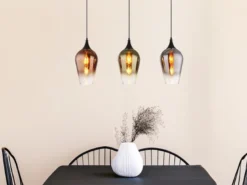 Ausgefallene Pendelleuchte LAVUS mit drei bunten Glasschirmen, Breite 83cm