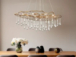 Ausgefallene Pendelleuchte LAGUNA Gold matt mit Glas Behang, Breite 107cm