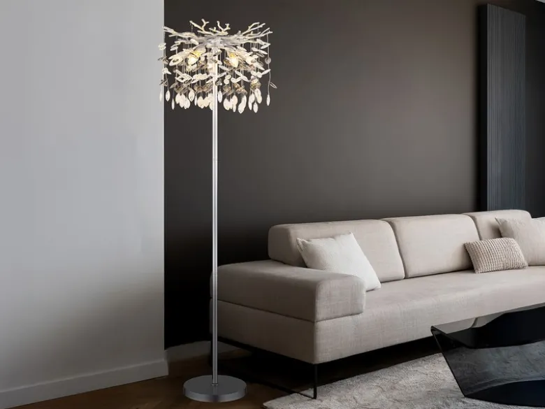 Ausgefallene Stehlampe QUEENA Silber mit Glas Kristall 2-farbig, Höhe 155cm