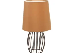 Ausgefallene Tischleuchte AKIN mit braunem Stoffschirm und Metallgitter, H: 29cm