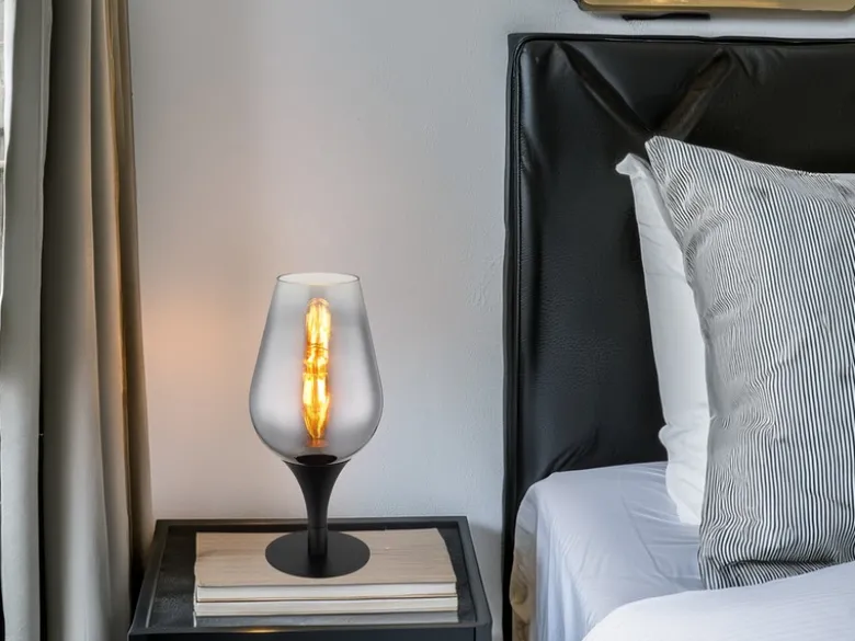 Ausgefallene Tischleuchte LAVUS mit Rauchglas Lampenschirm, Höhe 31cm