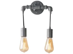 Ausgefallene Wandleuchte 2-flammig in Wasserrohr Optik, Grau antik, Höhe 26cm