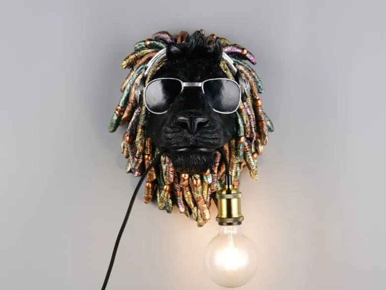 Ausgefallene Wandleuchte LEO Löwenkopf mit Stecker und Schalter, Höhe 38cm