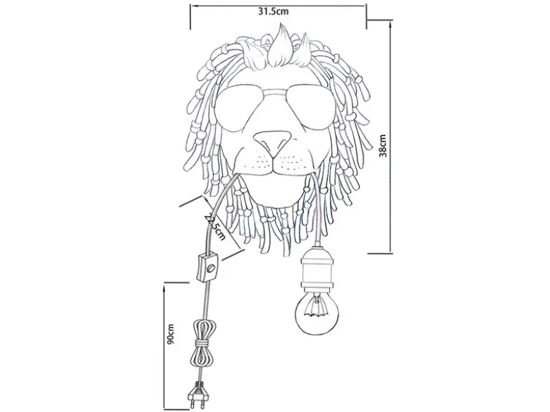 Ausgefallene Wandleuchte LEO Löwenkopf mit Stecker und Schalter, Höhe 38cm