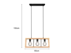 Balken Pendelleuchte AGRA 3 flammig Schwarz mit Holzbalken, Breite 60cm