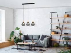 Balken Pendelleuchte VALERIA Drahtgeflecht Schwarz mit Holz B 80cm
