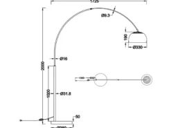 Bogenlampe Schirm Metall Messing Gold mit E27 LED, große Ausladung, Höhe 200cm