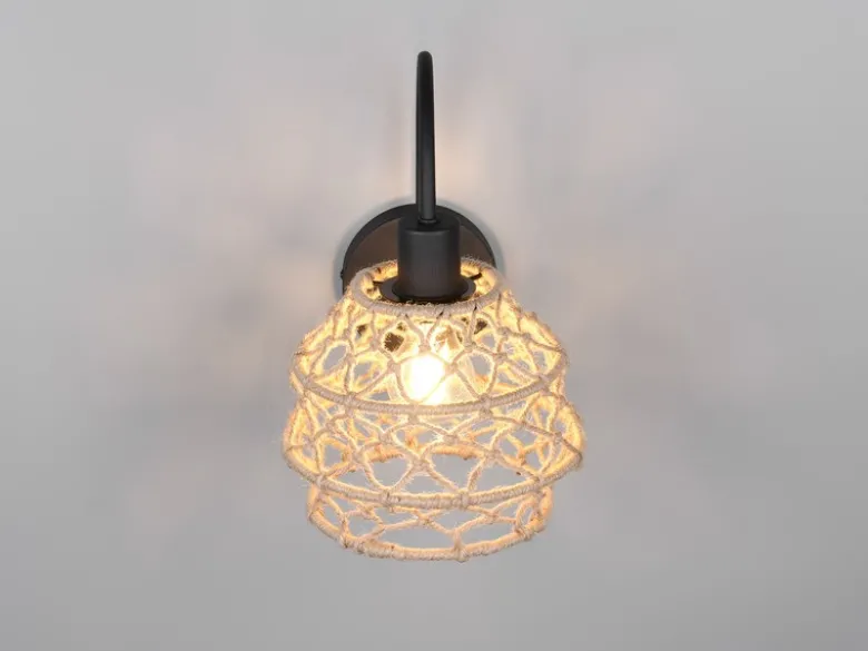 Boho LED Wandleuchte mit Schalter & Lampenschirm geflochten Hanfseil, Höhe 32cm