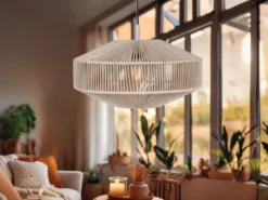 Boho Pendelleuchte SVEA Lampenschirm aus Baumwolle Beige, Ø 46cm