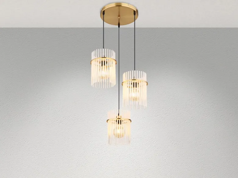 Cluster Pendelleuchte GORLEY 3-flammig transparenten Echtglas Stäben, Ø 47cm