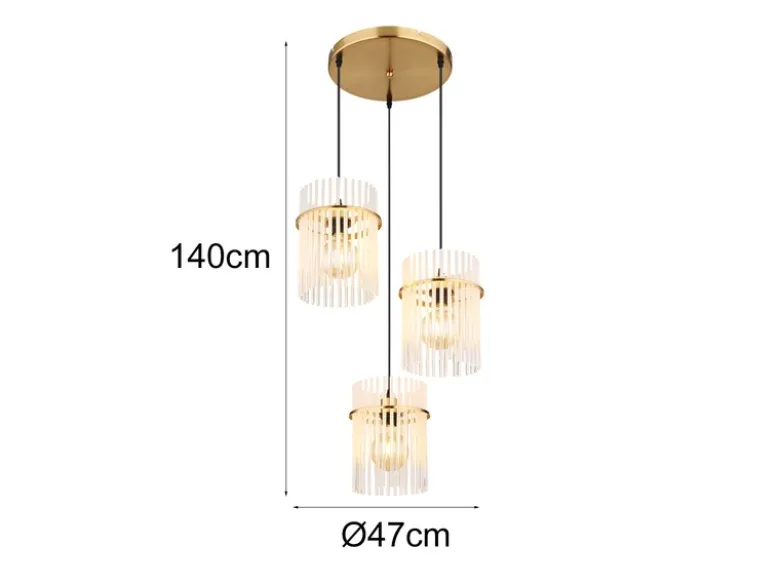 Cluster Pendelleuchte GORLEY 3-flammig transparenten Echtglas Stäben, Ø 47cm