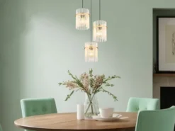 Cluster Pendelleuchte GORLEY 3-flammig transparenten Echtglas Stäben, Ø 47cm