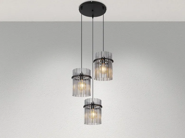 Cluster Pendelleuchte GORLEY 3-flammig mit Rauchglas Stäben, Ø 47cm