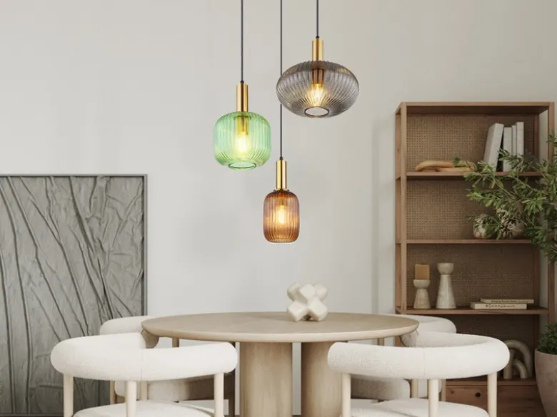 Cluster Pendelleuchte NORMY 3-flammig aus Rillenglas Bunt, Ø 55cm